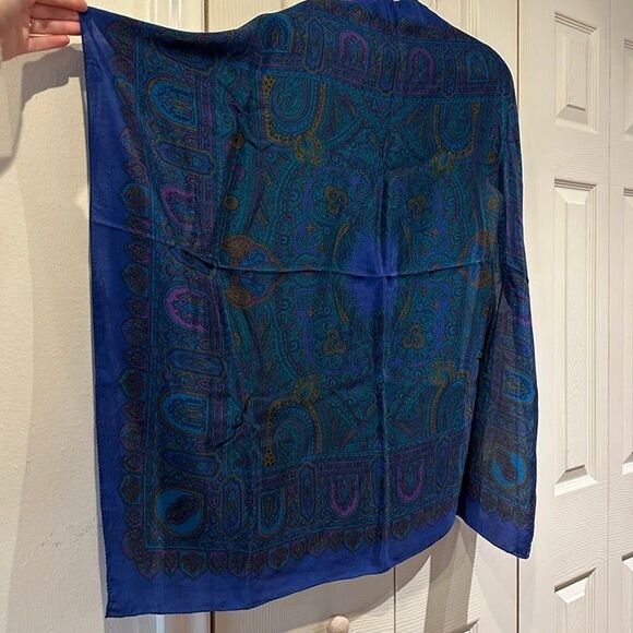VTG Large Square Silk Cobalt Blue Teal Purple Jewel Toned Paisley Mosaic Scarf - Picture 9 of 16